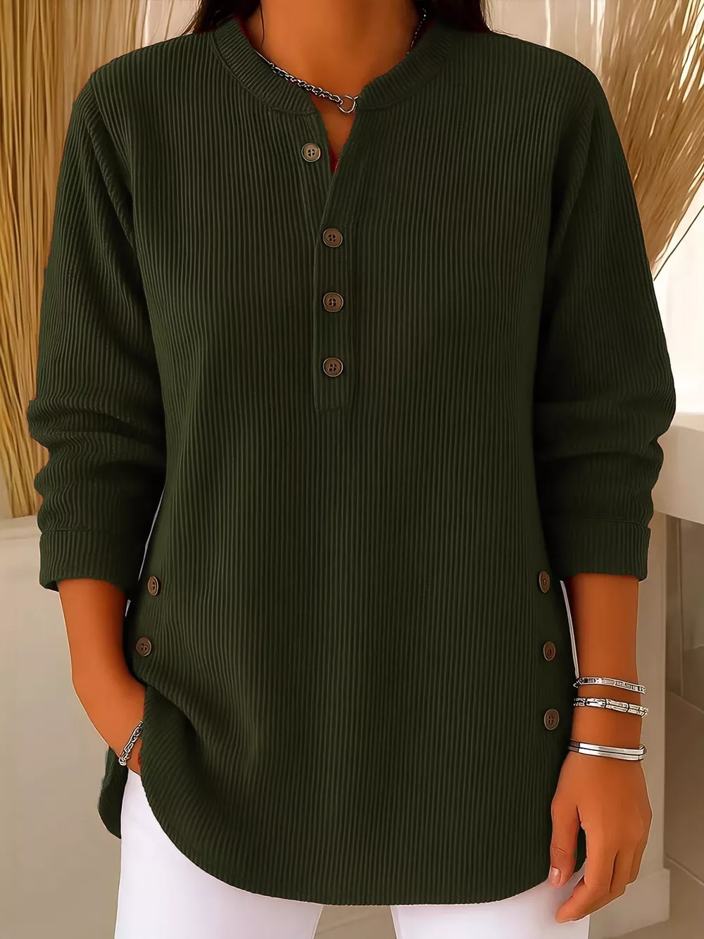 Full Size Button Detail Long Sleeve Top Plus Size, image 16