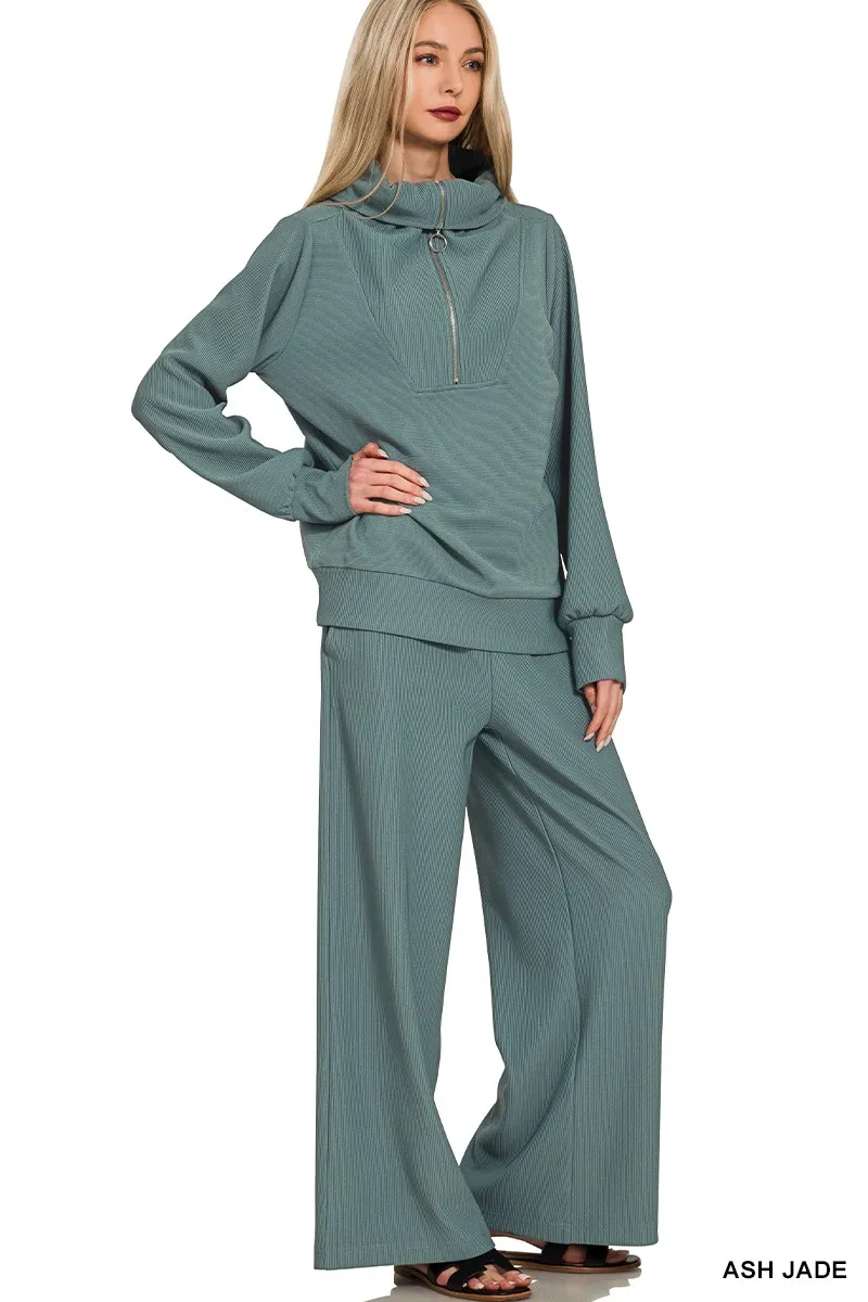 Ribbed High Neck Half Zip Pullover & Pants Set, image 3