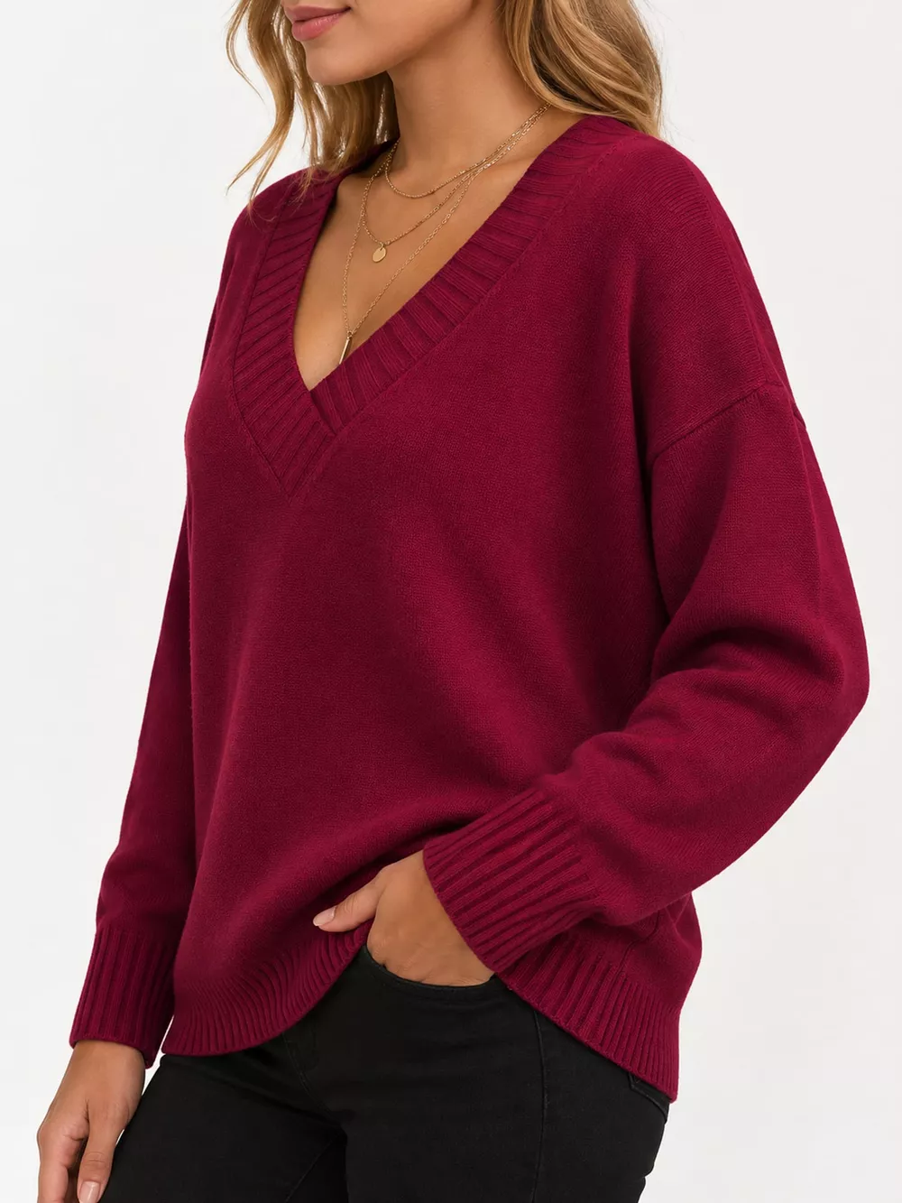 Full Size V-Neck Dropped Shoulder Sweater Plus Size, image 7