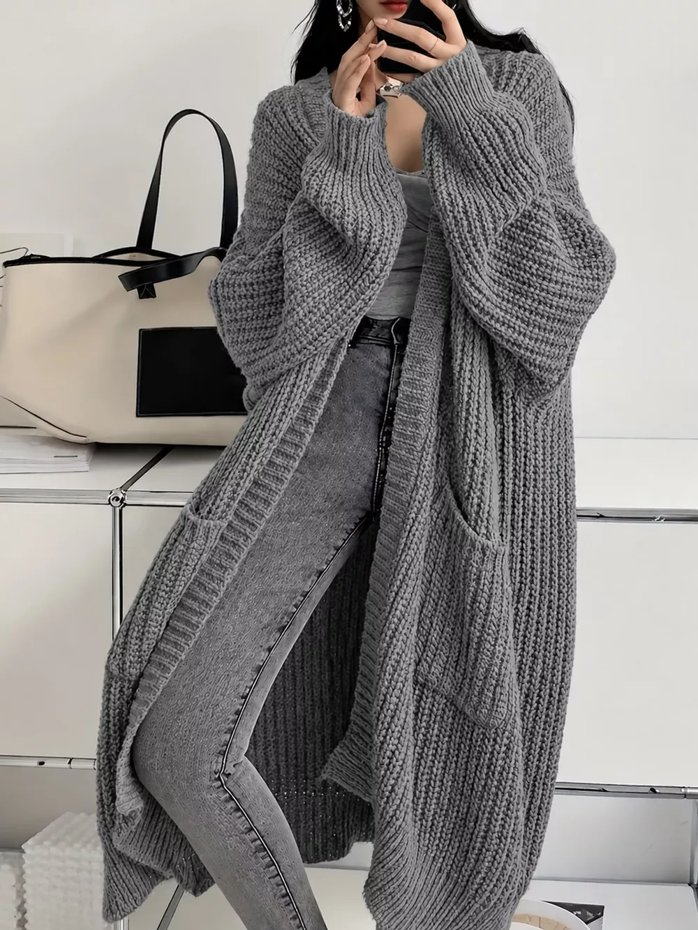Full Size Chunky Knit Openwork Front Longline Cardigan Plus Size, image 46