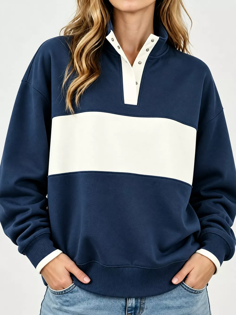 Full Size Color Block Snap-Button Sweatshirt Plus Size, image 31
