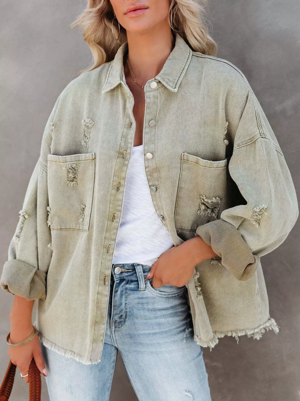 Distressed Raw Hem Denim Jacket