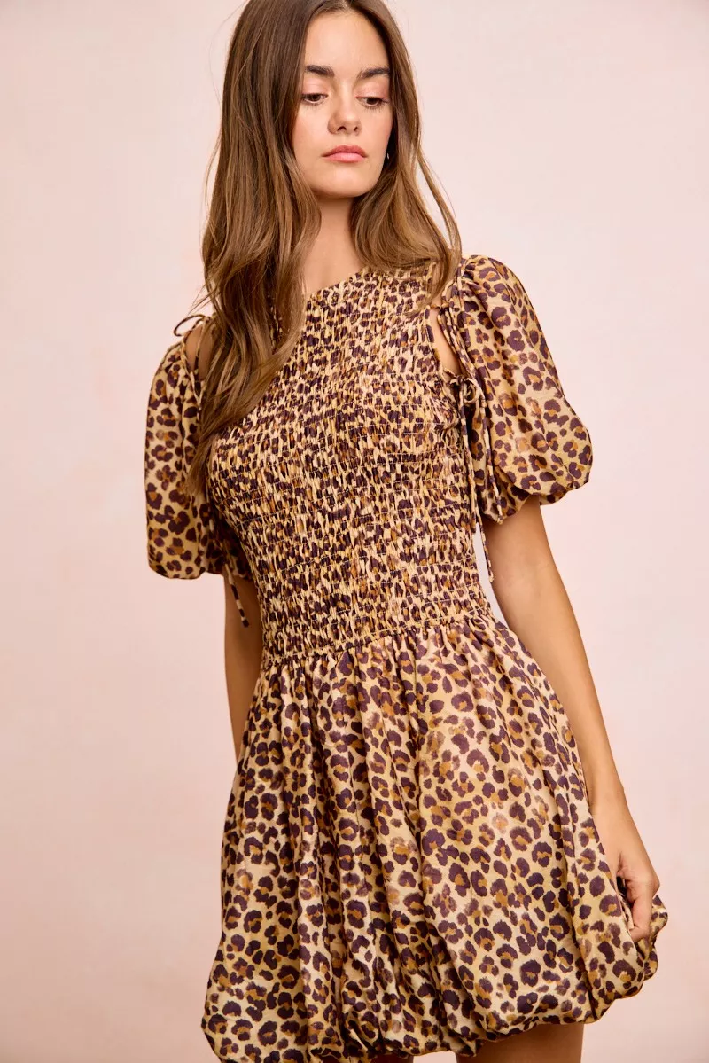 Leopard Bow Tie Attachable Puff Sleeves Dress, image 23