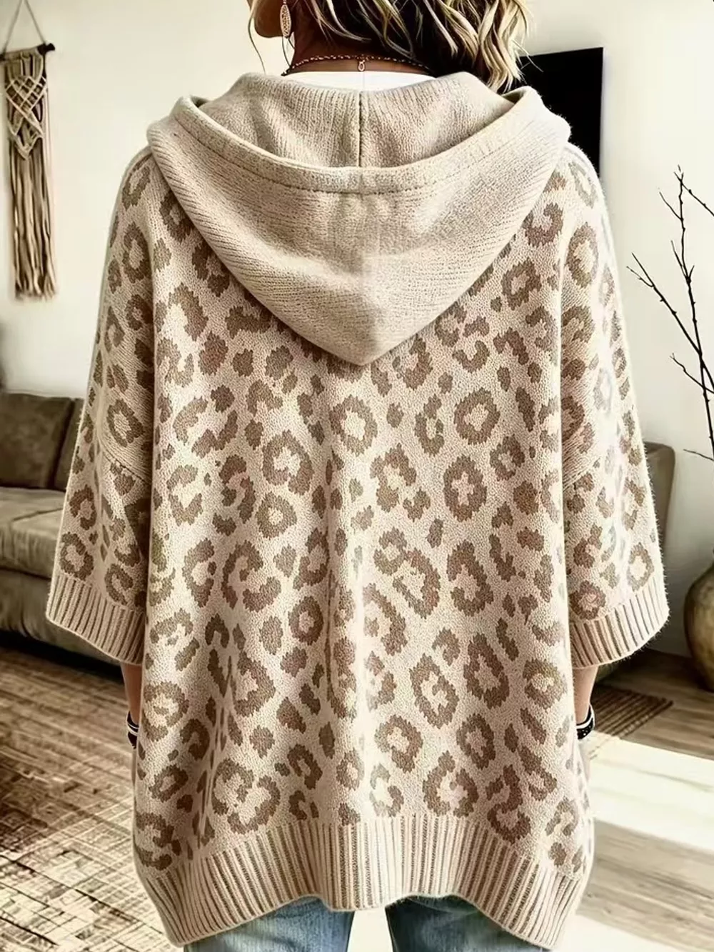 Full Size Leopard Print Hooded Knit Sweater Plus Size, image 25