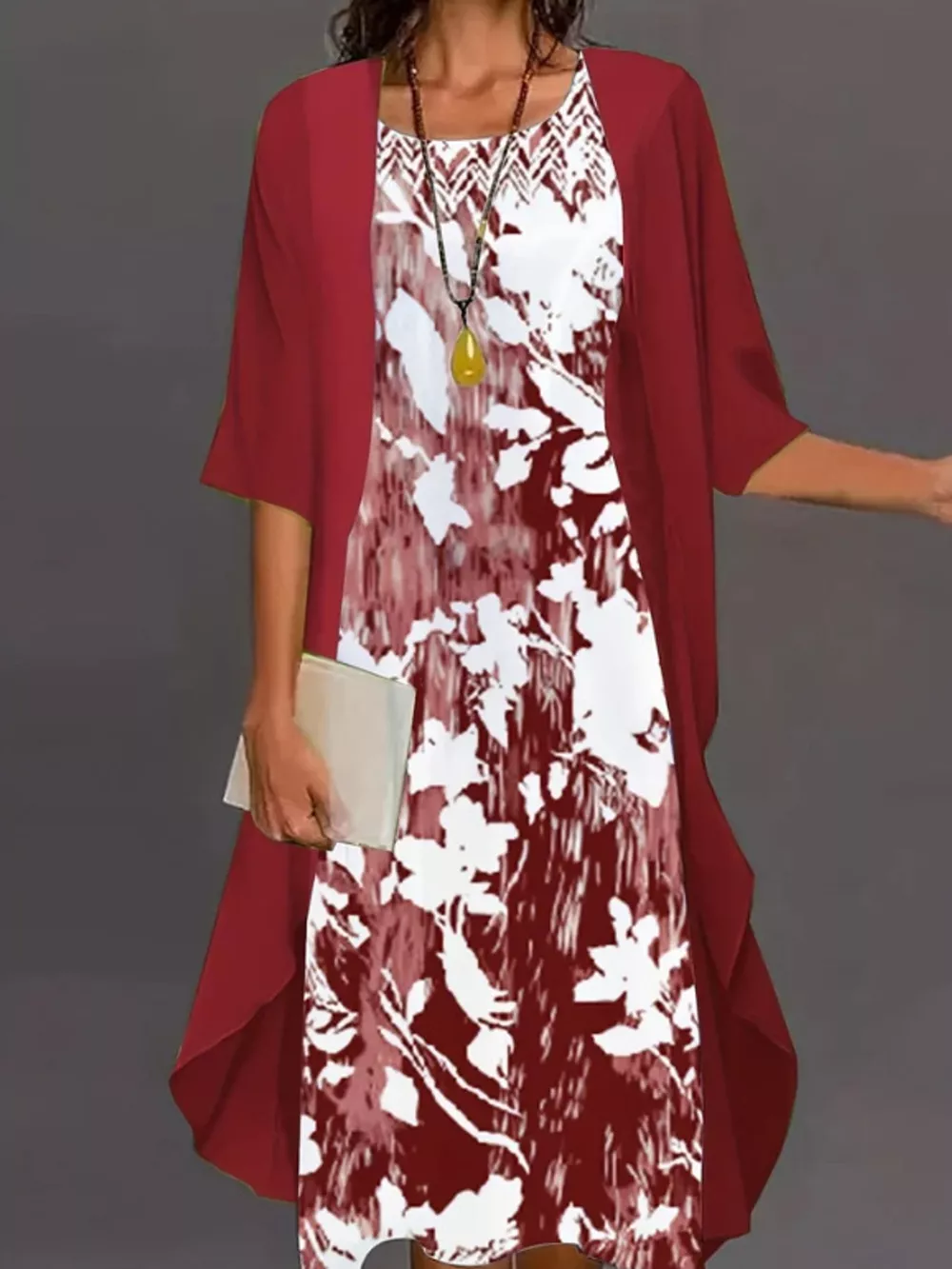 Full Size Floral Print Midi Dress and Chiffon Cardigan Set Plus Size, image 13
