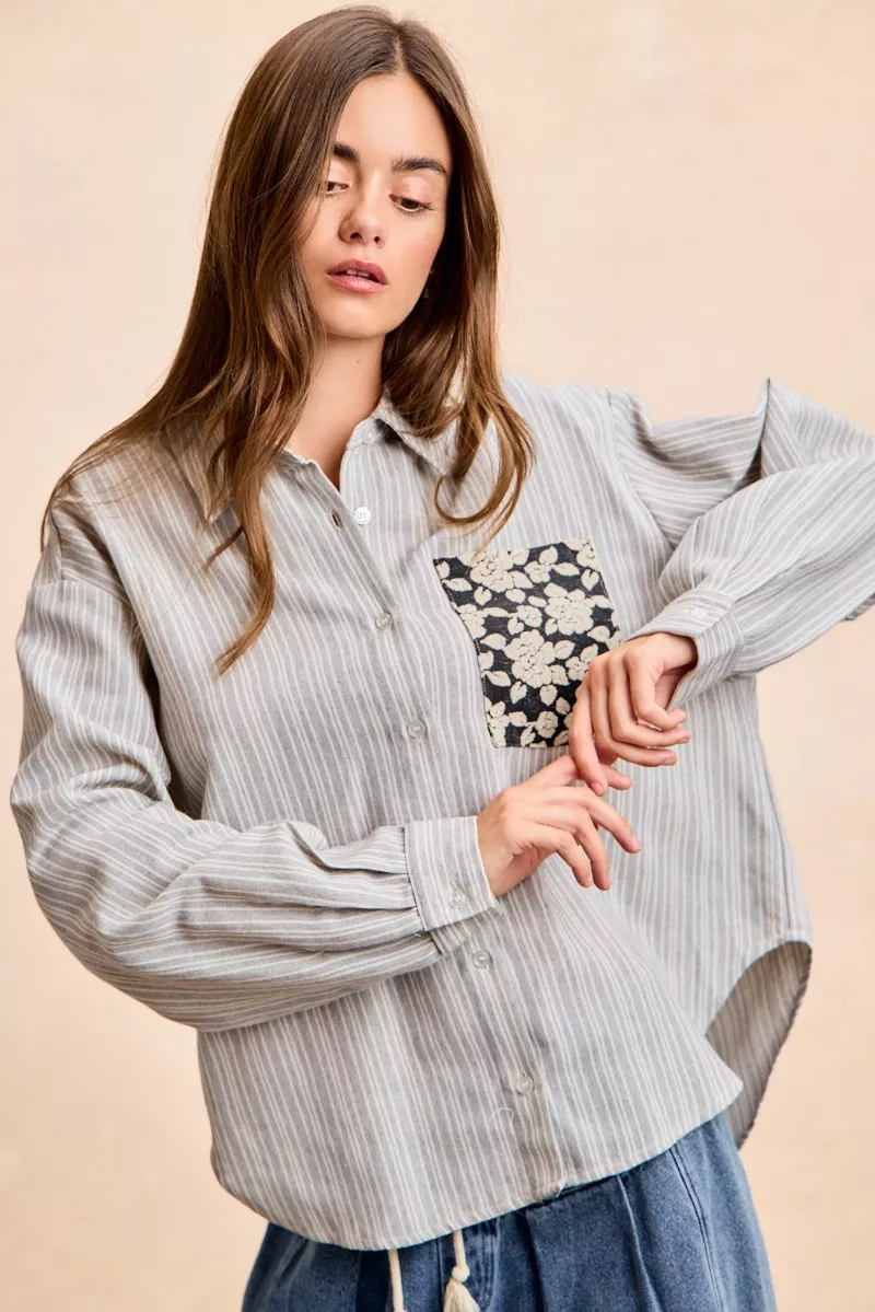 Flower Jacquard Knit Patch Pocket Stripe Shirt, image 15