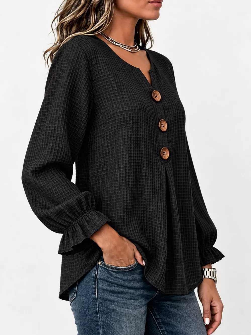 Full Size Waffle Knit Flounce Sleeve Blouse Plus Size, image 7