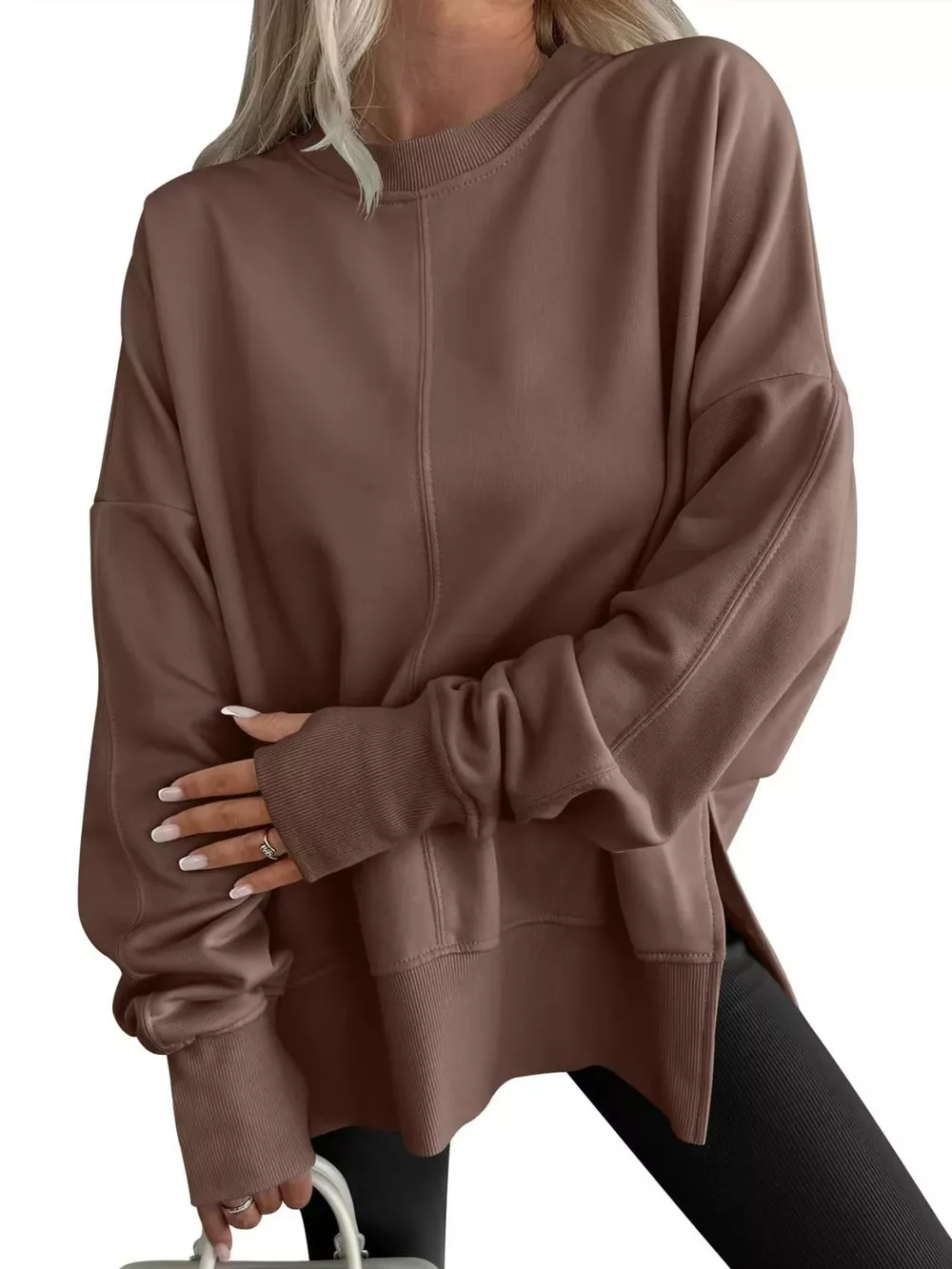 Oversized Crew Neck Sweatshirt with Side Slit, image 21