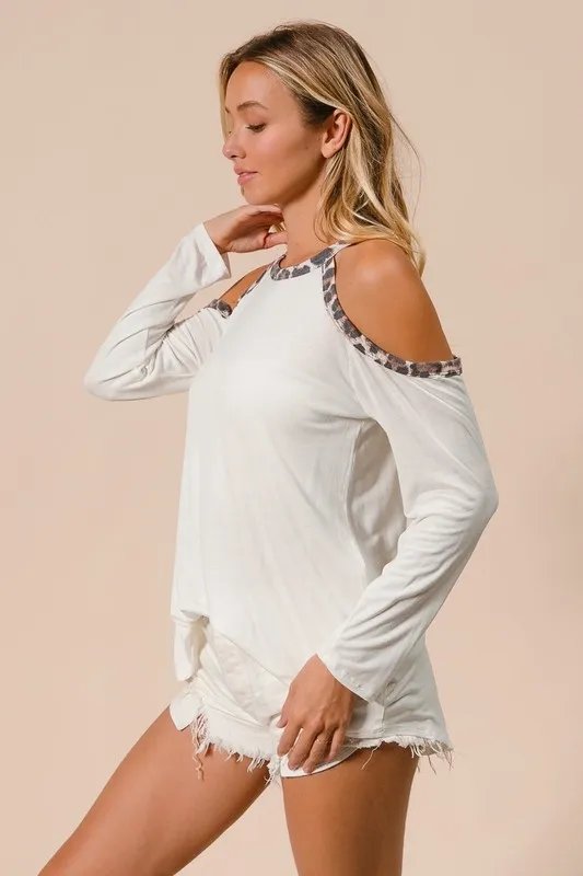 Jersey Knit Cold Shoulder Top with Leopard Neck, image 9