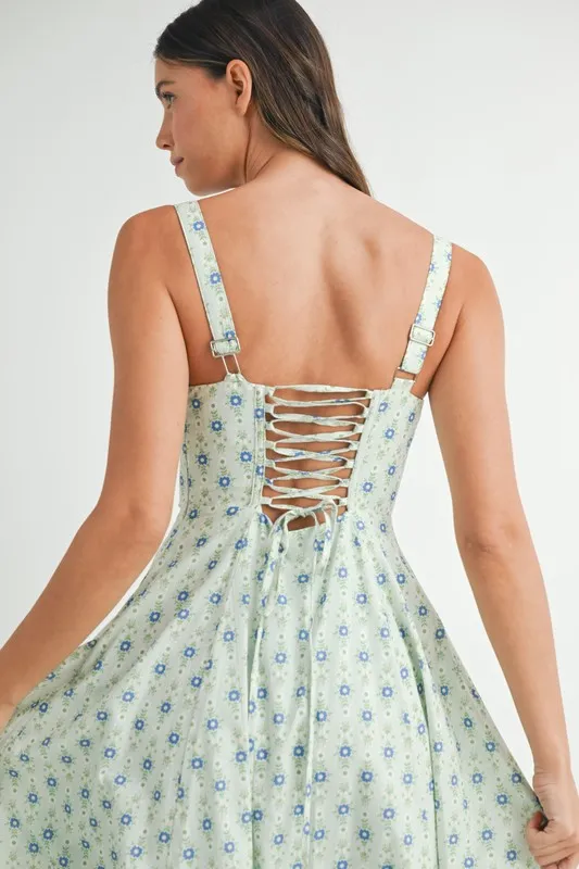Floral Print Bustier Back Lace Up Midi Dress, image 12