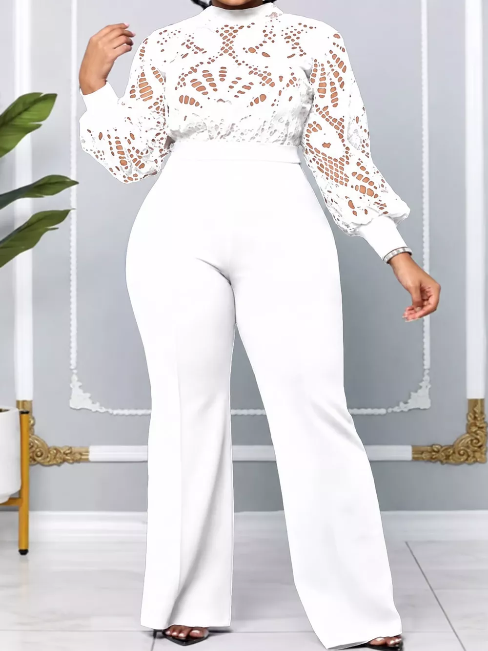 Full Size Lace Lantern Sleeve Flare Jumpsuit Plus Size, image 16
