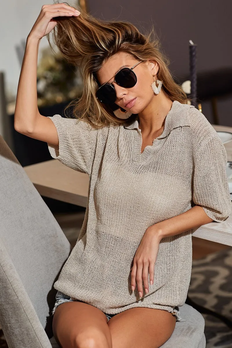 Short Sleeve Collared Knit Top, image 3