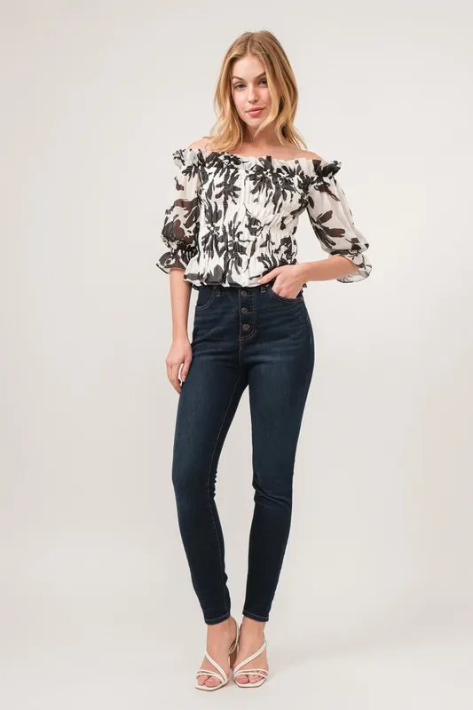 Smocked Off-Shoulder Floral Printed Top, image 8