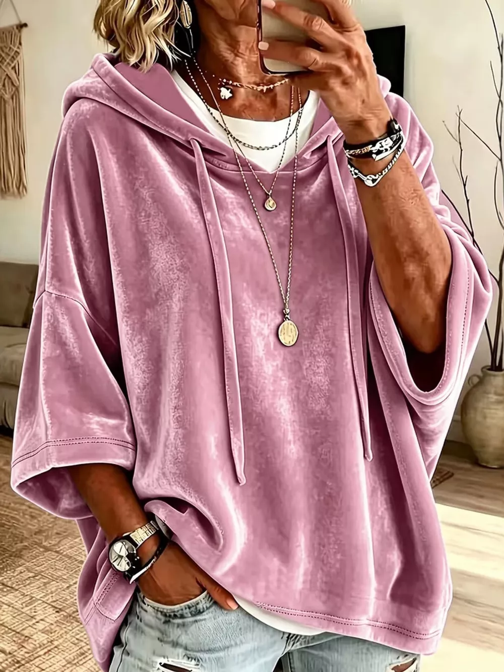 Full Size Velvet Short Sleeve Hoodie Plus Size, image 8