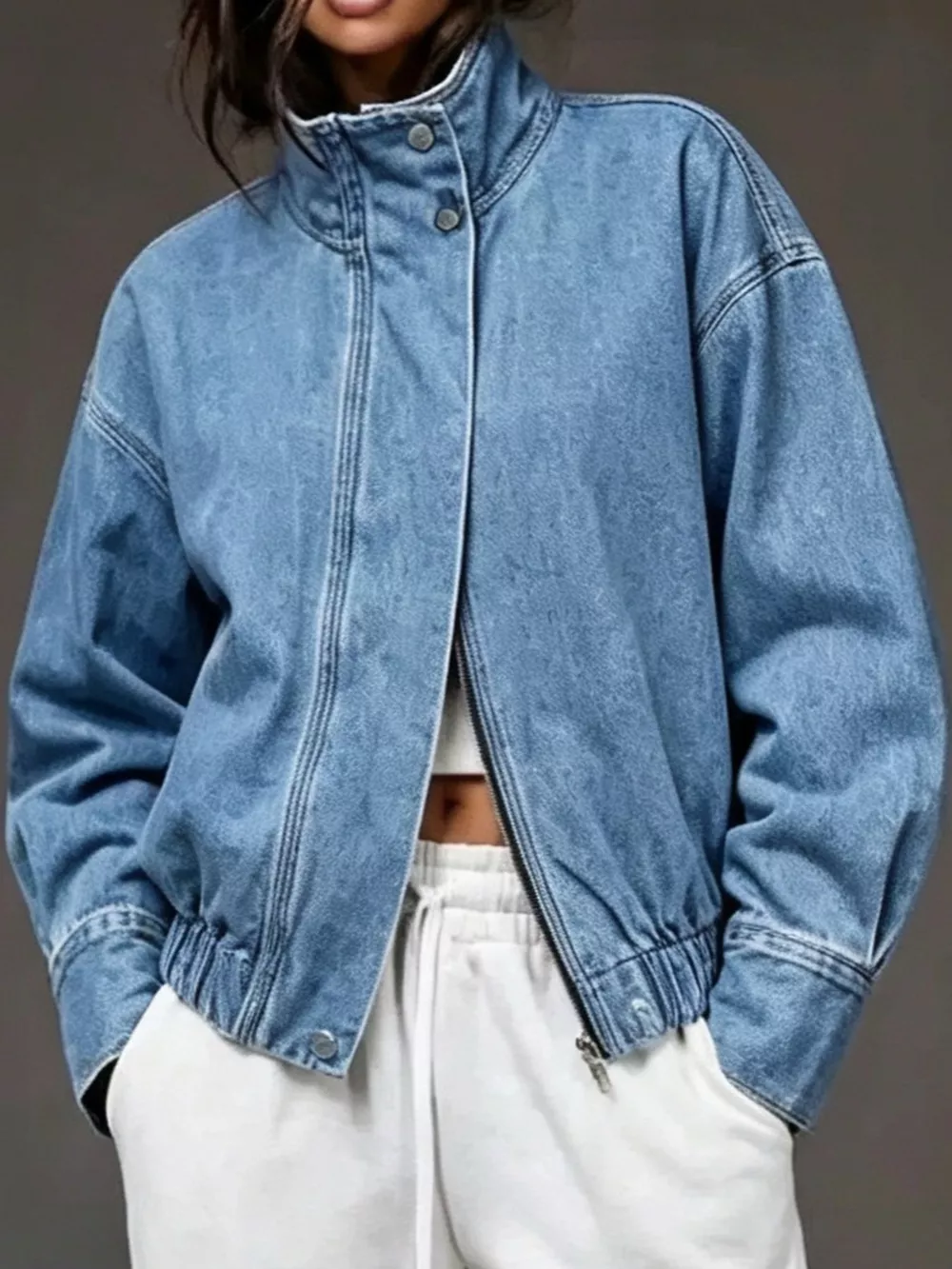 Stand-Collar Zip-Up Denim Jacket, image 7