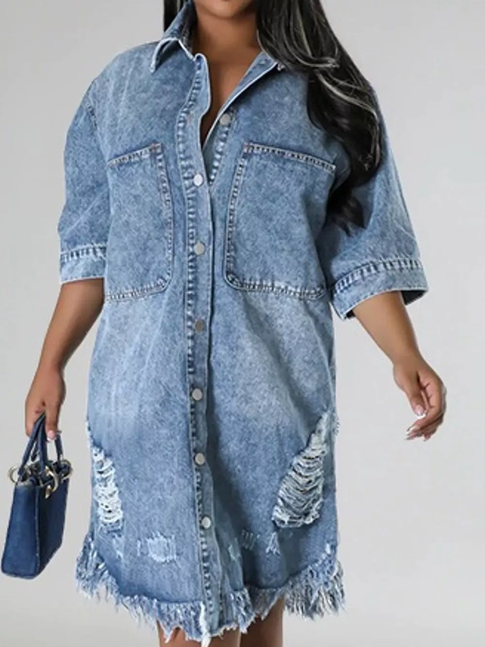 Plus Size Distressed Frayed Hem Button-Down Denim Dress, image 12