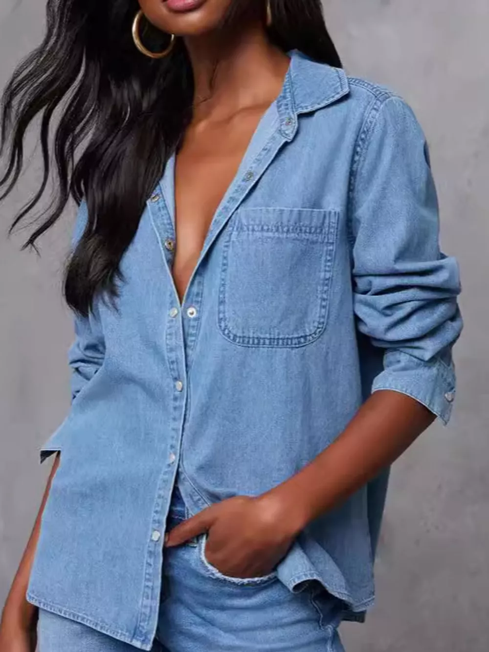 Snap Down Long Sleeve Denim Shirt, image 3
