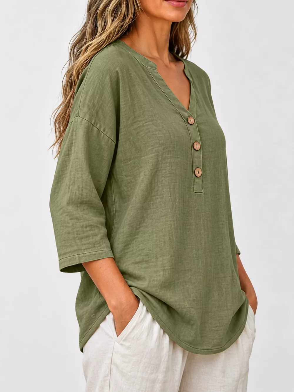 Full Size Button Detail Notched 3/4 Sleeve Blouse Plus Size, image 2
