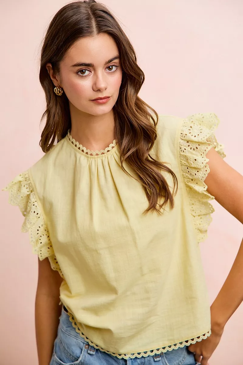 BiBi Cotton Solid Ruffle Sleeve Lace Detail Blouse Top, image 5