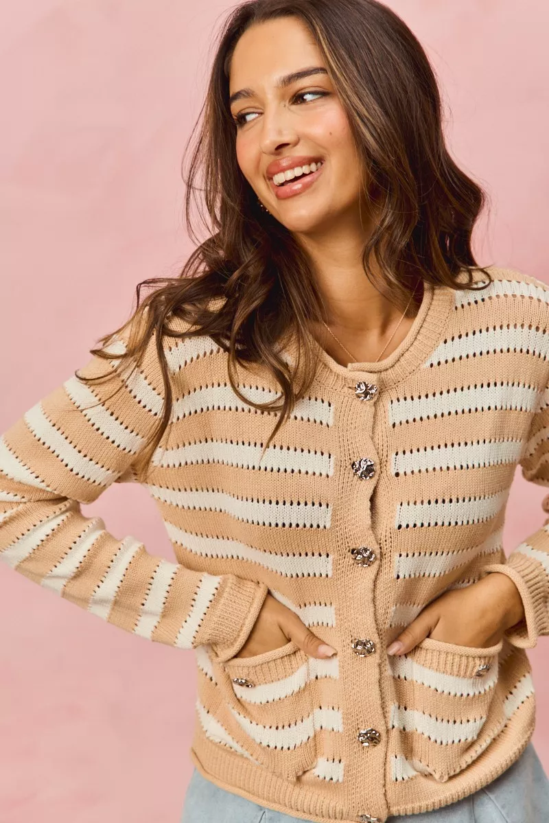 Stripe Long Sleeves Button Sweater Cardigan, image 2