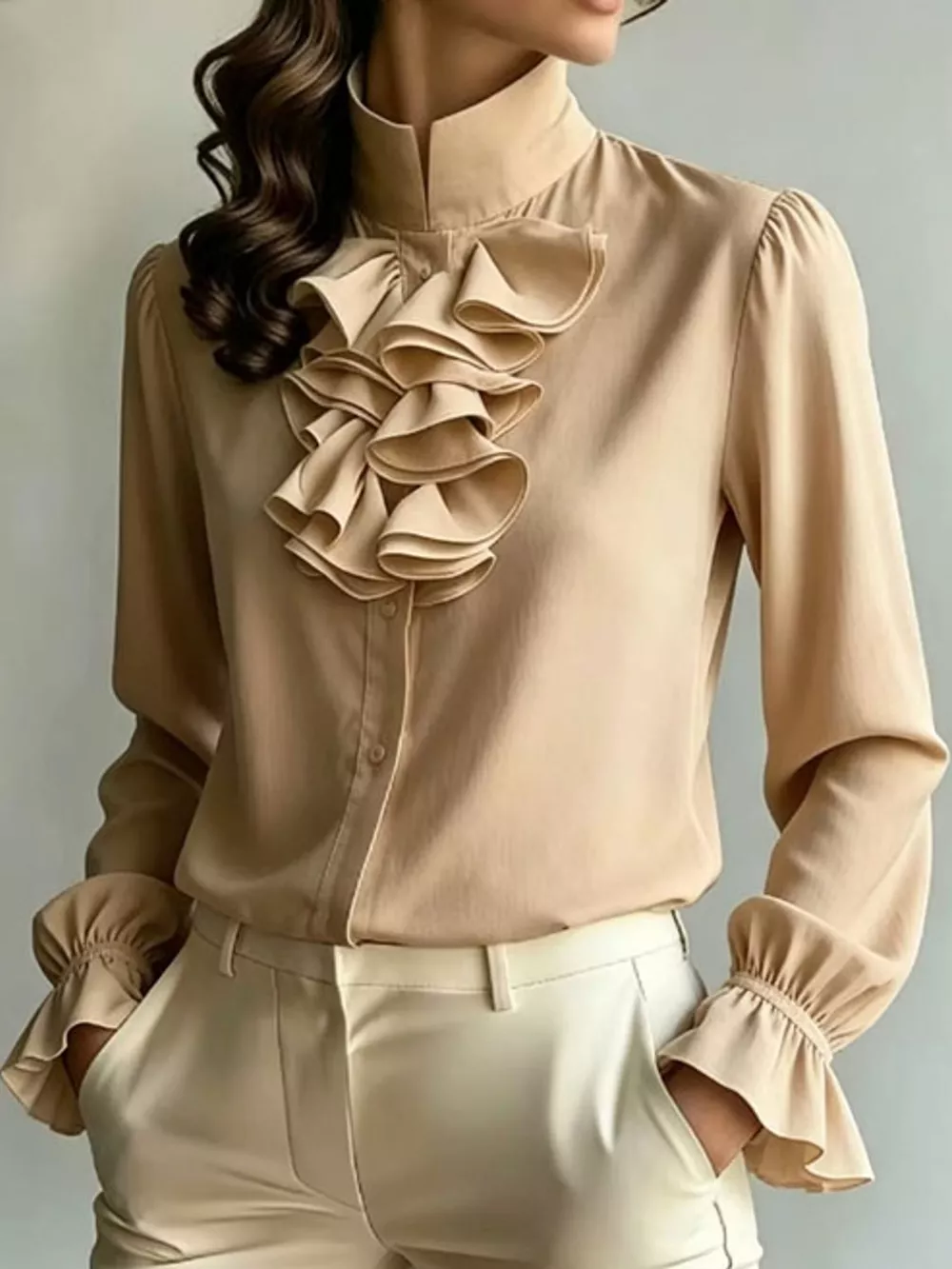 Ruffled Stand-Collar Blouse with Long Lantern Sleeves, image 16