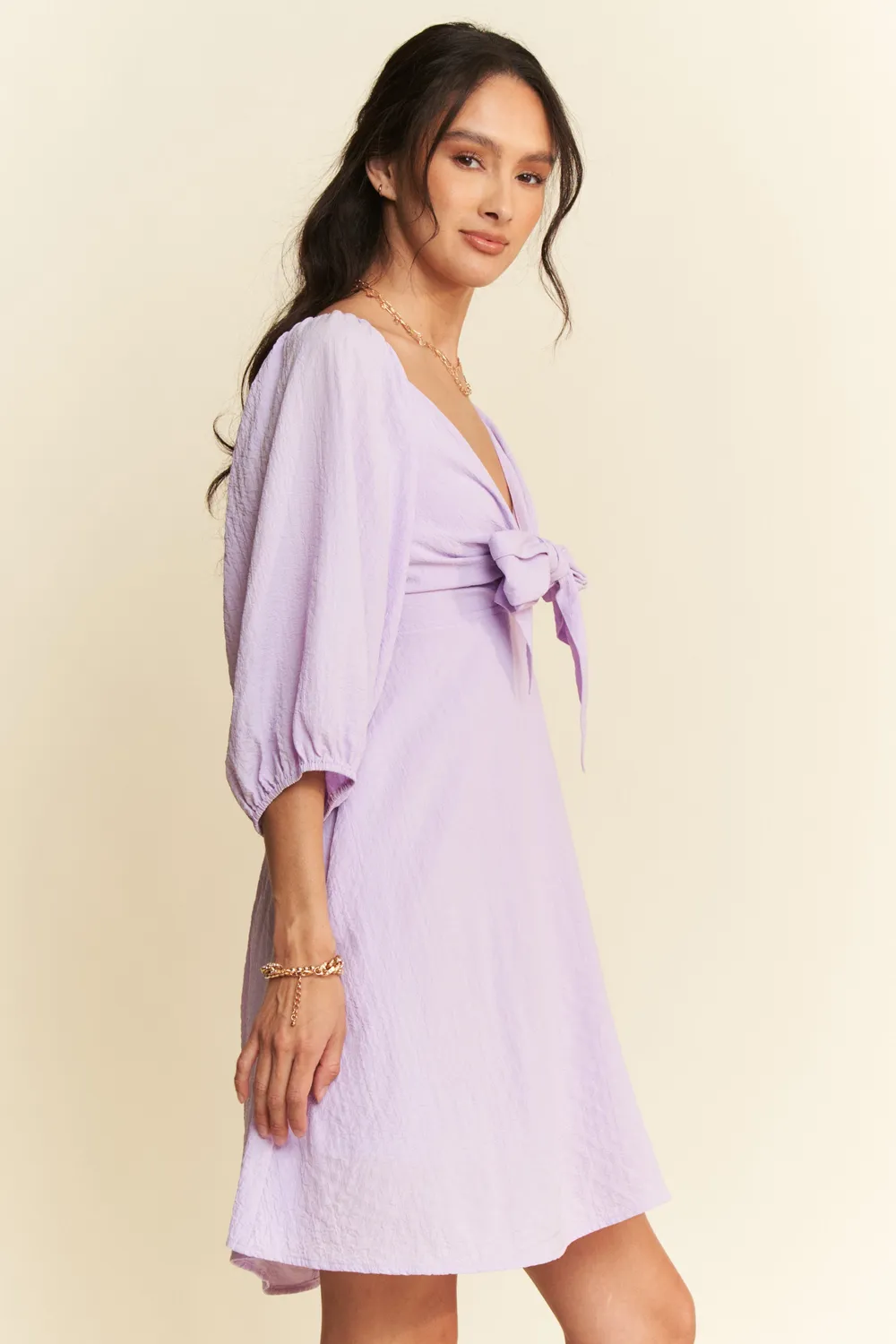 Self-Tie Puff Sleeve Smocking Open Back Mini Dress, image 4