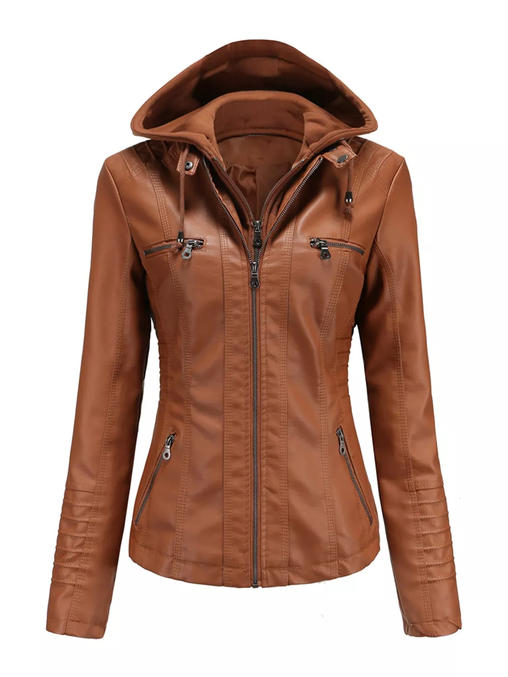 Full Size Detachable Hooded Faux Leather Moto Jacket Plus Size, image 15
