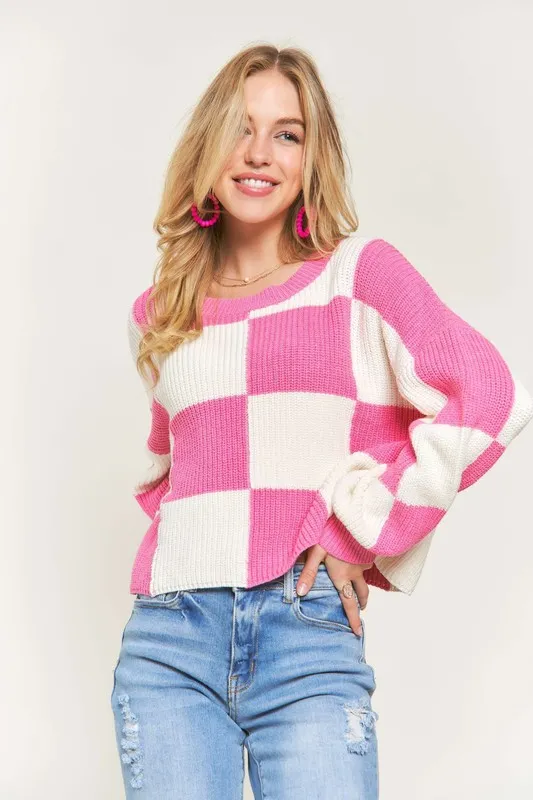 Plus Size Comfy Checkered Colorblock Sweater Top, image 4