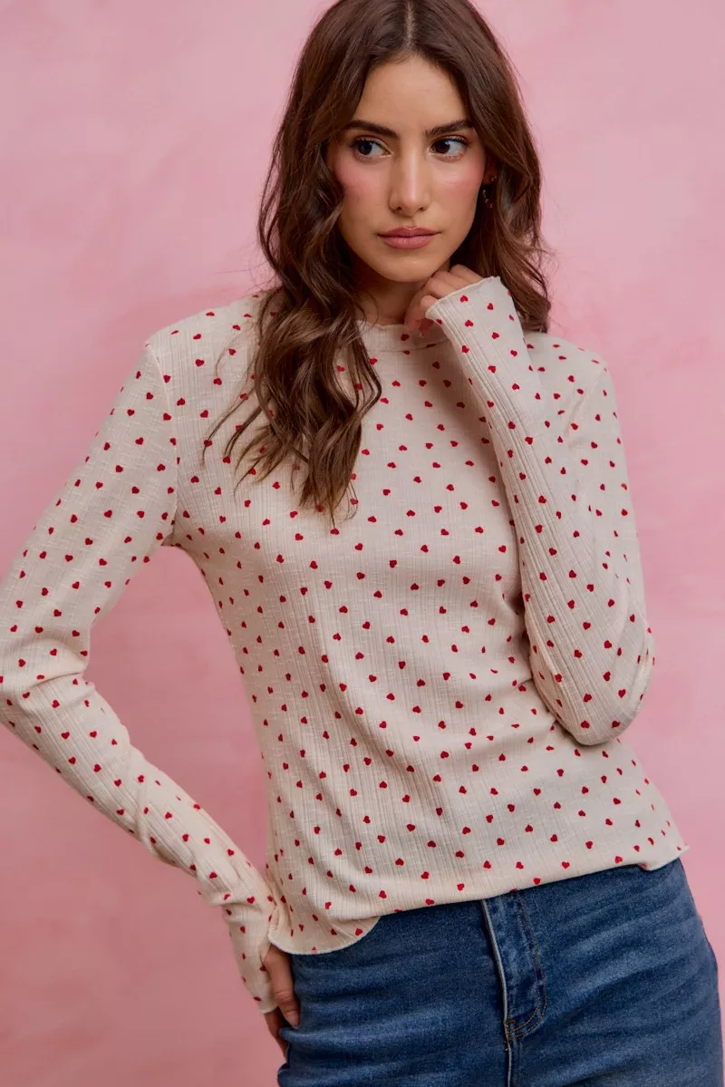 Ditsy Heart All Over Slub Rib Knit Valentine Top, image 4