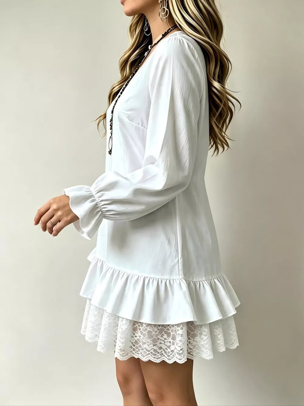 Lace Hem V-Neck Flounce Sleeve Dress, image 2