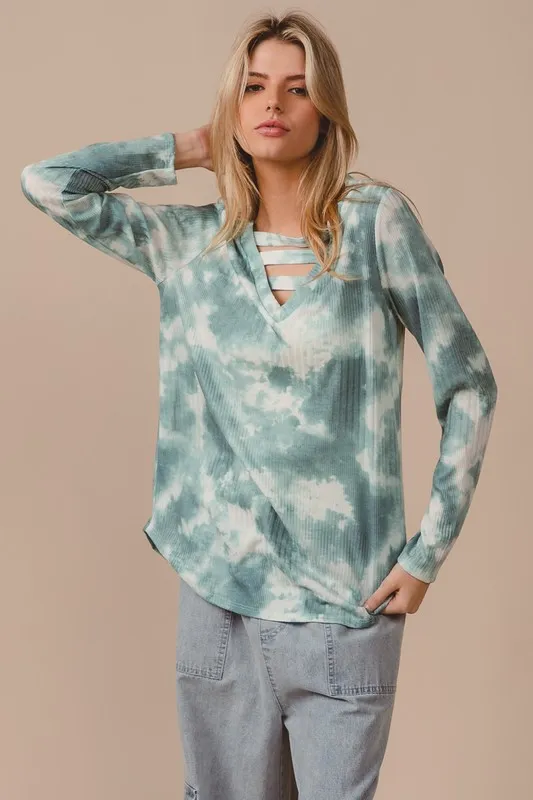 Variegated Tie Dye Rib V-Neck Top with Strapped, image 10