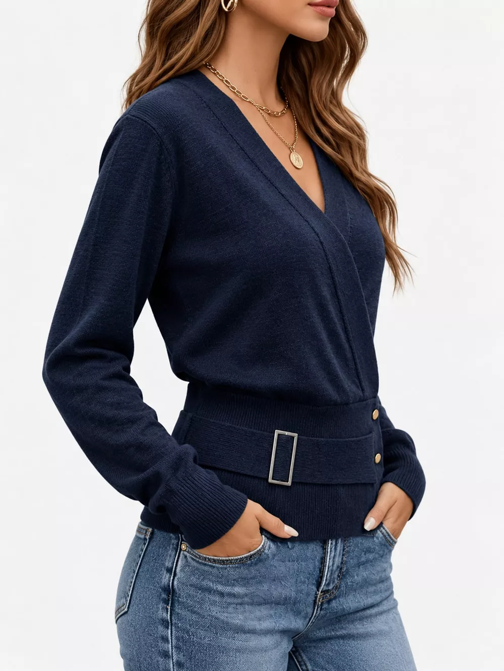 Surplice Elastic Waist Long Sleeve Knit Top, image 11