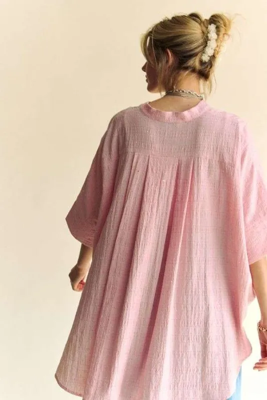 Rhinestone Pleat Back Short Sleeve Loose Fit Shirt, image 4