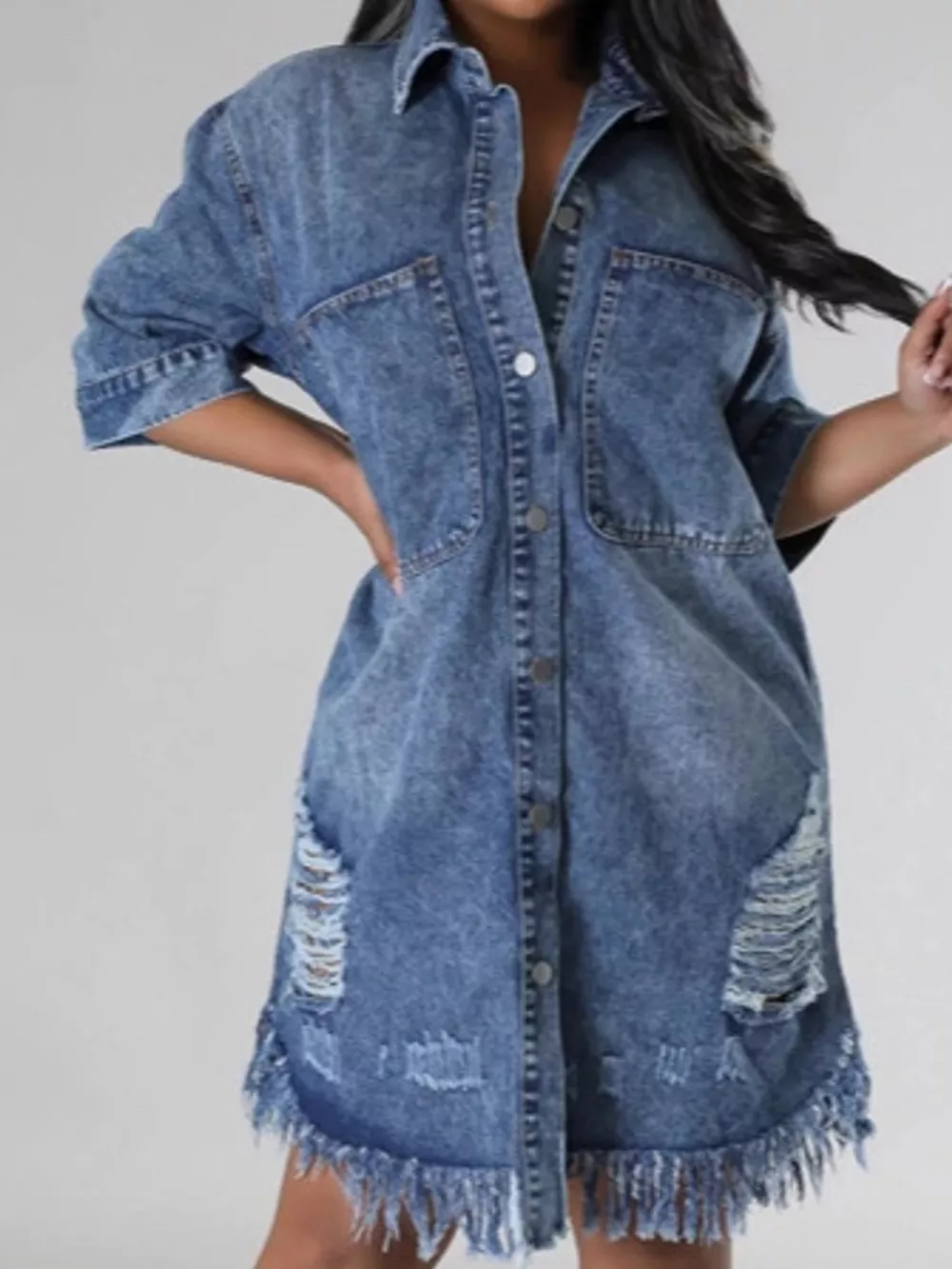 Plus Size Distressed Frayed Hem Button-Down Denim Dress, image 3