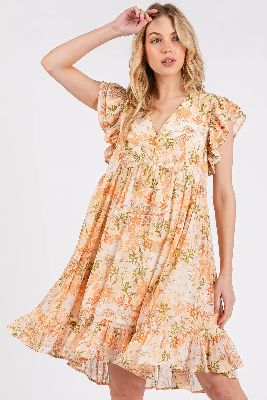 Floral Chiffon Ruffle Short Sleeve Mini Dress