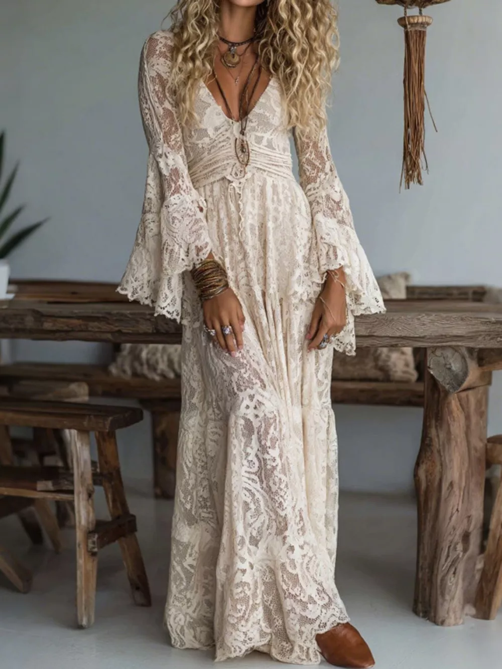 V-Neck Lace Flare Sleeve Maxi Dress