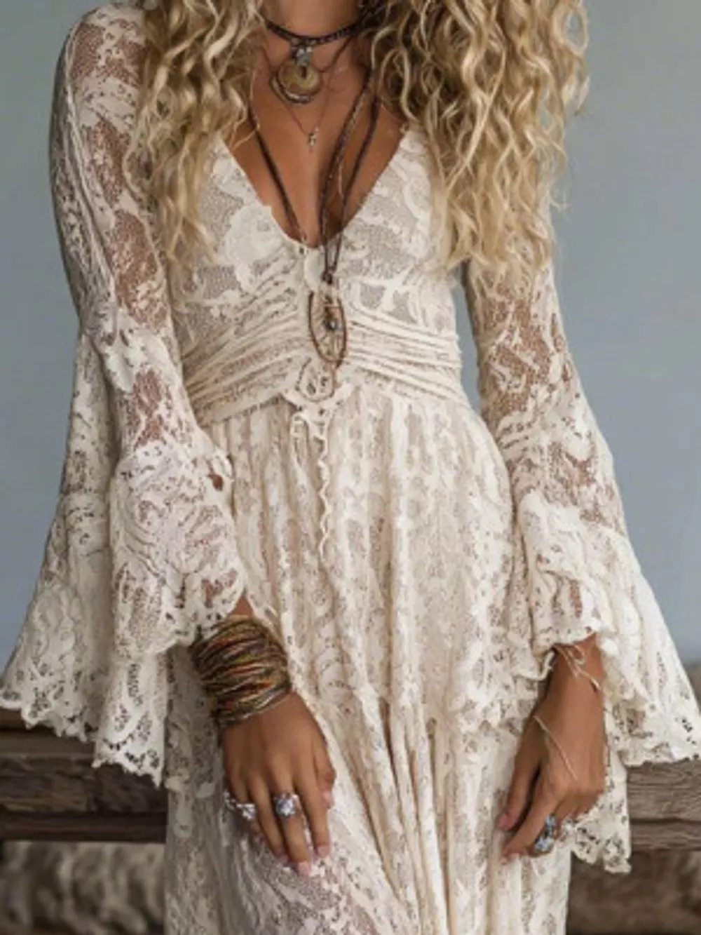 V-Neck Lace Flare Sleeve Maxi Dress, image 3