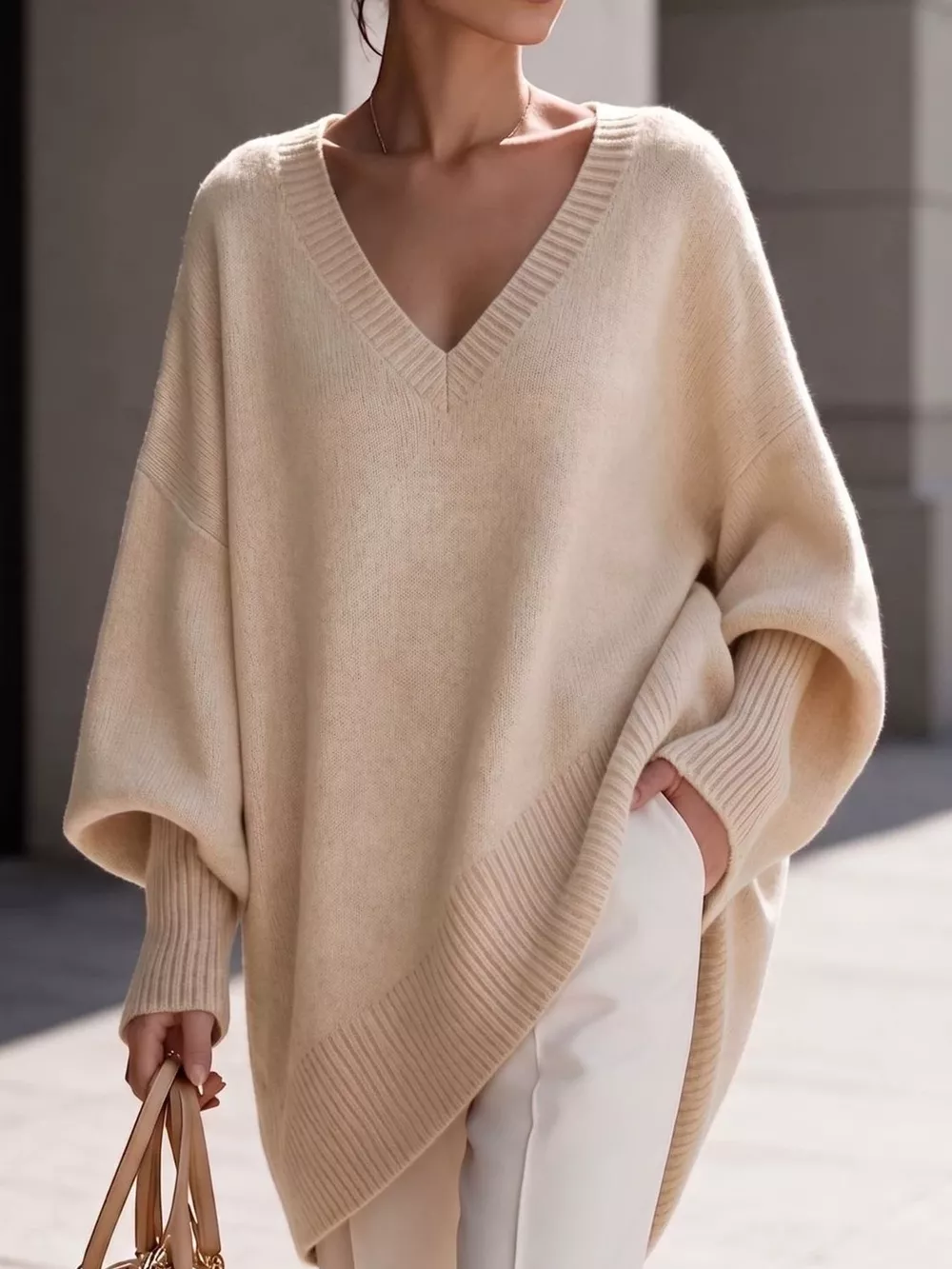 Full Size V-Neck Oversized Batwing Sleeve Sweater Plus Size, image 11