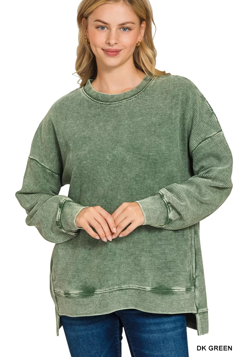 Full Size Acid Washed Double Ribbed Hi-low Sweatshirt Plus Size