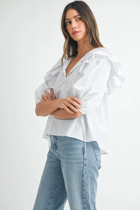 Stripe Ruffle Shoulder Puff Sleeve Blouse, image 5