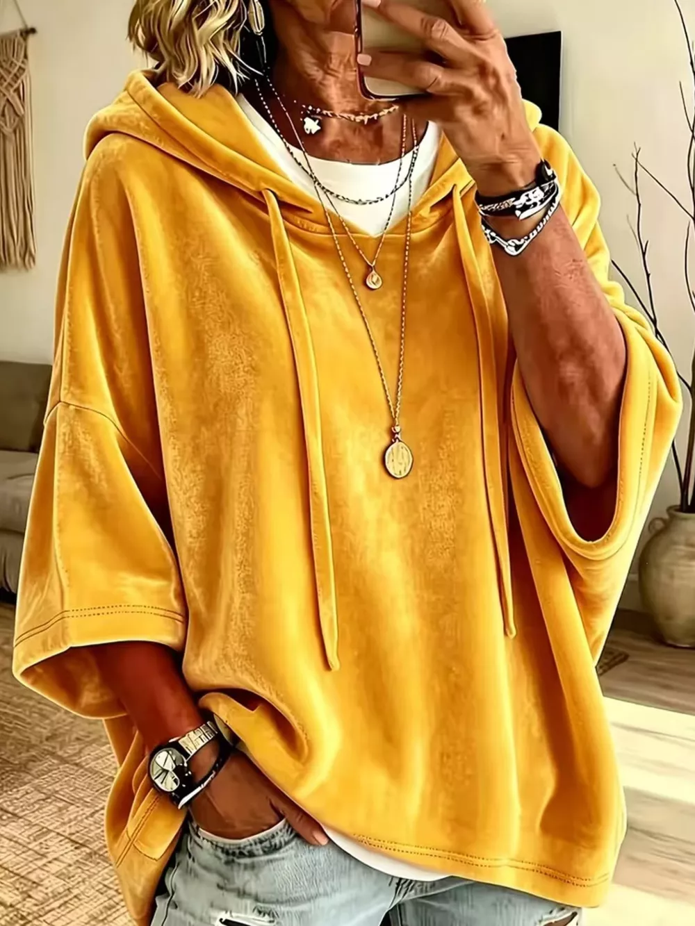 Full Size Velvet Half Sleeve Hoodie with Drawstring Plus Size, image 11