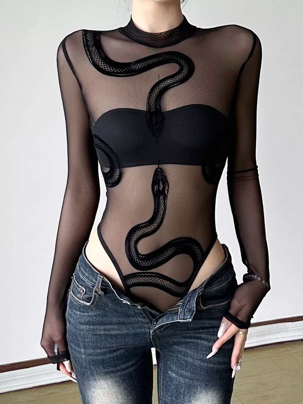 Sheer Mesh Snake Print Long Sleeve Bodysuit, image 5