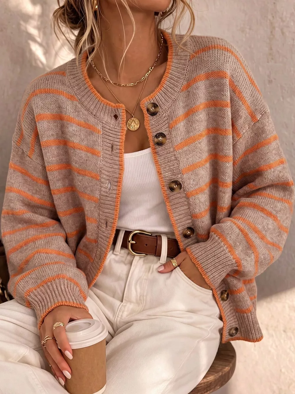Striped Button-Down Knit Cardigan, image 7