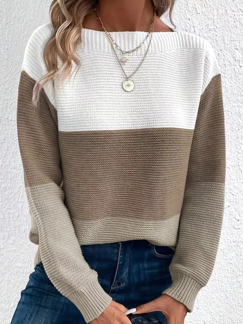 Full Size Color-Block Boat Neck Sweater Plus Size, image 13