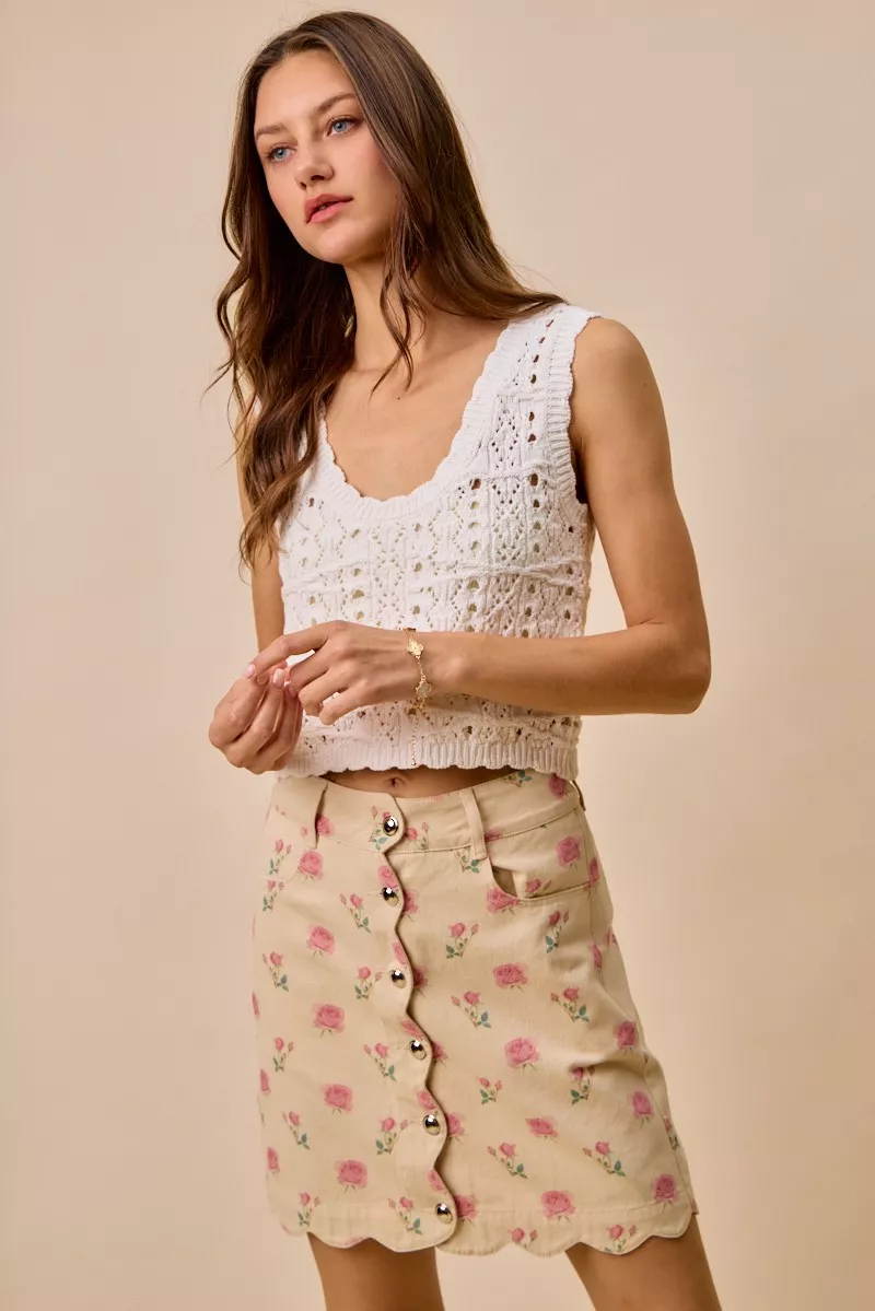 Floral Rose Print Cotton Twill Scallop Mini Skirt, image 8