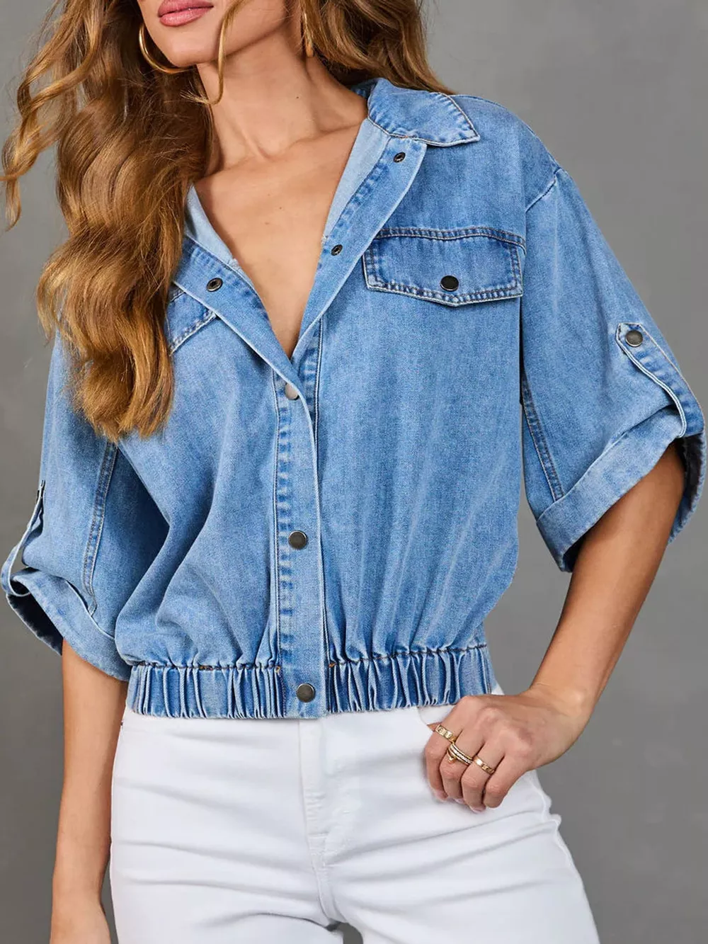 Elastic Hem Denim Jacket with Roll-Up Sleeves