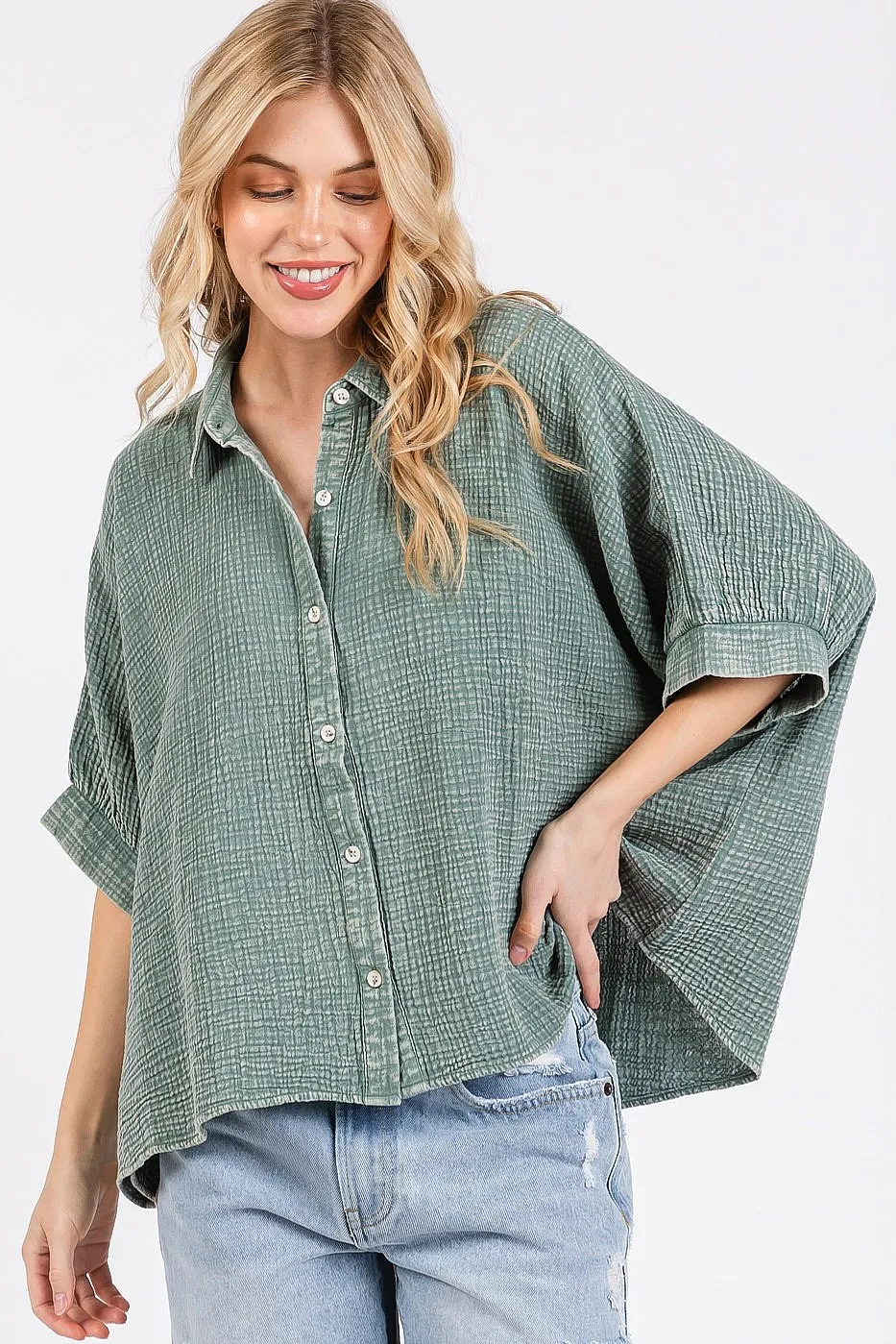 Mineral Wash Gauze Dolman Sleeve Button Down Shirt