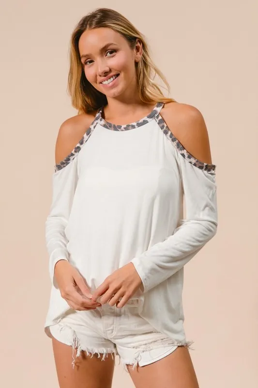 Jersey Knit Cold Shoulder Top with Leopard Neck, image 5