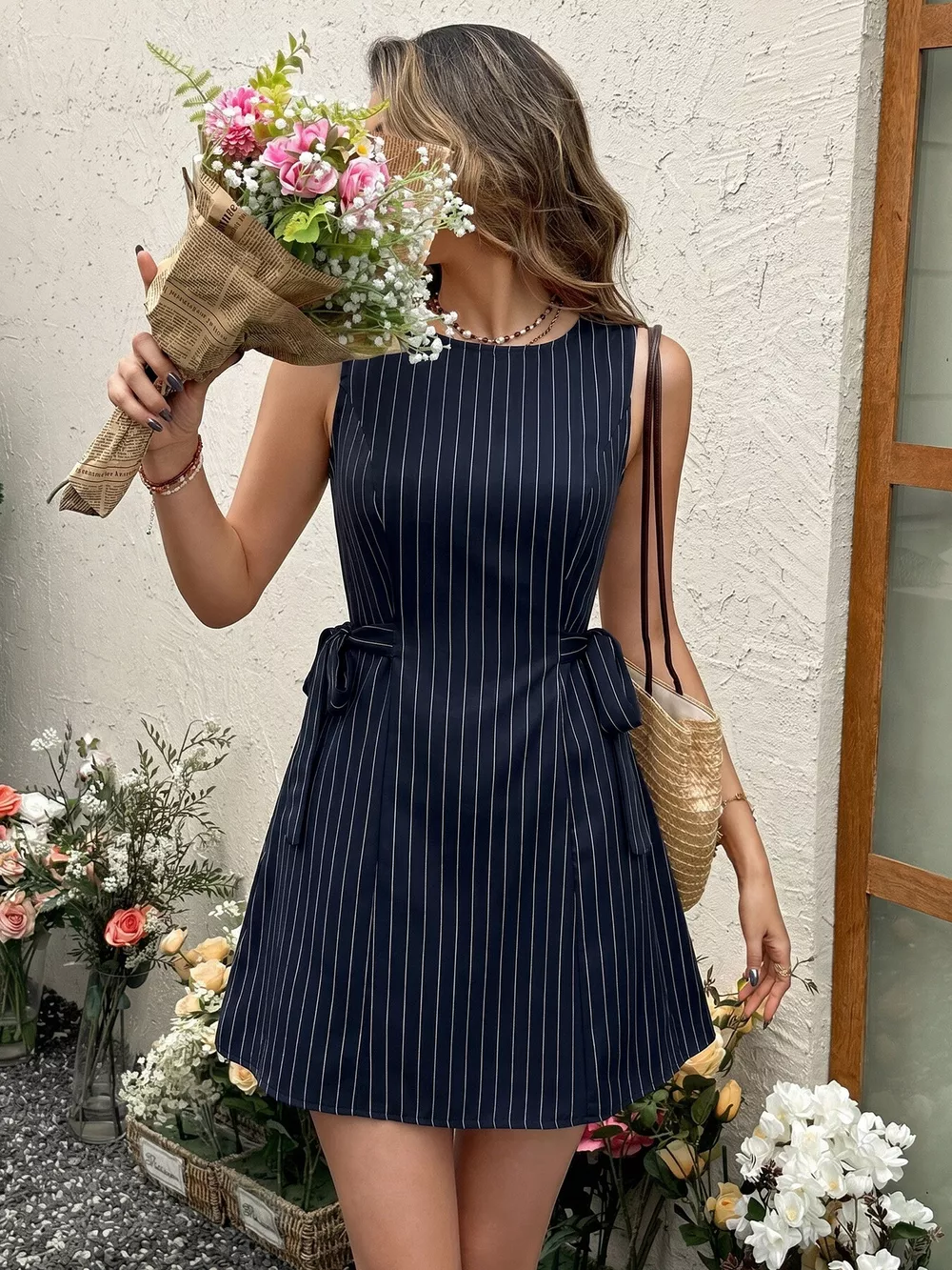 Striped Sleeveless Tie Waist Dress, image 4