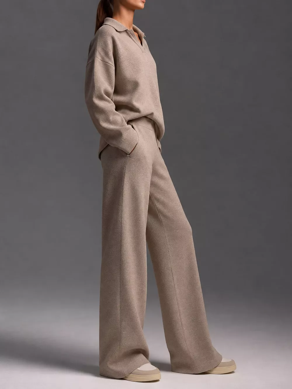 Polo Collar Top and Wide-Leg Pants Set, image 12
